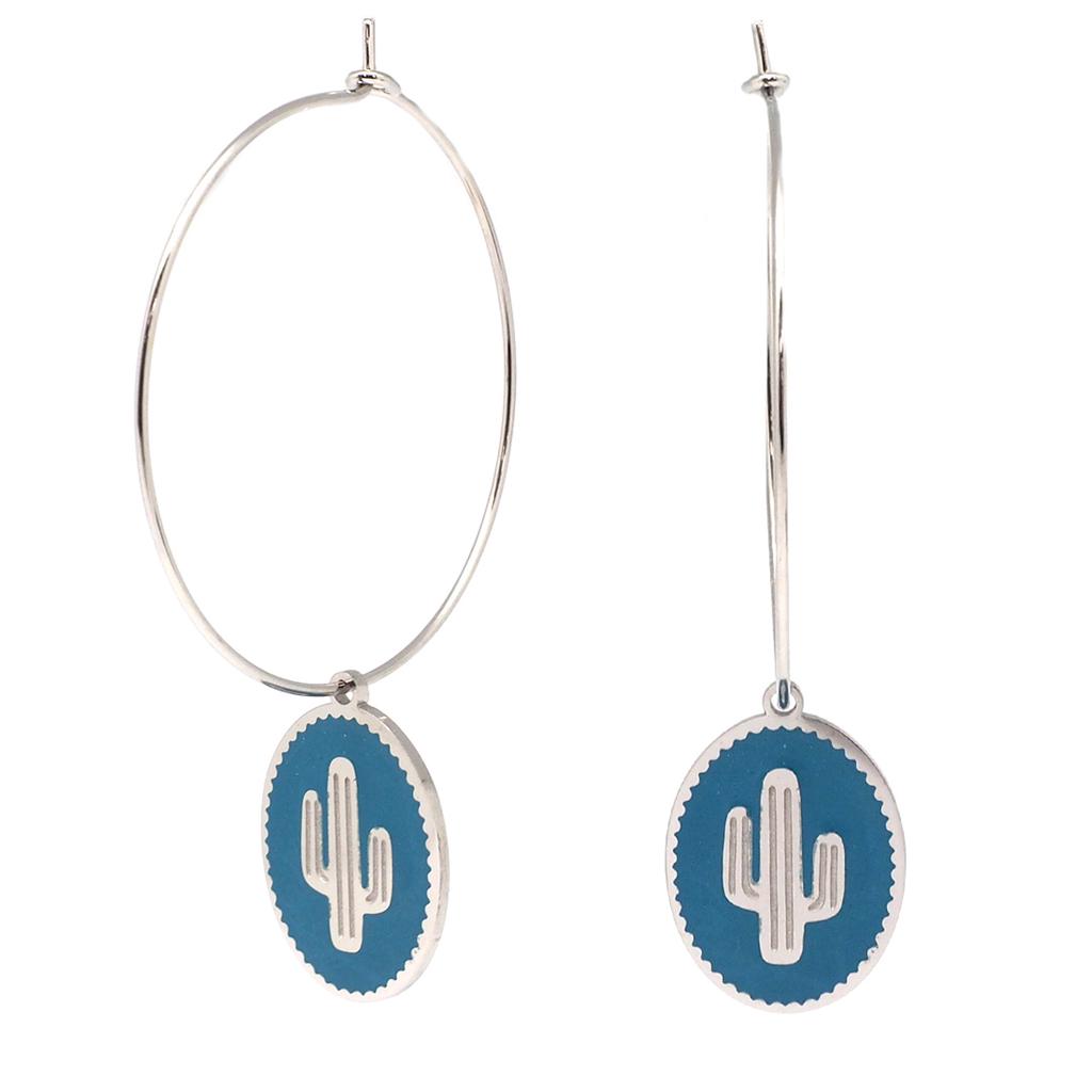 Les Trésors De Lily [Q2461] - Designer Steel Hoop Earrings 'Cactus' Turquoise Silver - 33 Mm - 18x14 Mm