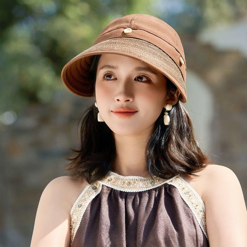 Women's Wide Brim Sun Hat, UPF UV Protection Outdoor Fishing Cap, Solid Color Bucket Hat with Adjustable Drawstring, Foldable Ponytail Beach Visor