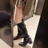 Fashion Rivet Pointed Toe Knight Belt Buckle Knee High Boots Plus Size Punk Chunky Middle Heel Women's Shoes Girls Western Cowboy Botas