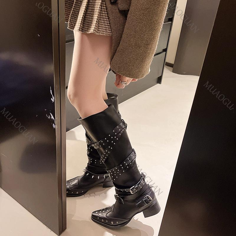 Fashion Rivet Pointed Toe Knight Belt Buckle Knee High Boots Plus Size Punk Chunky Middle Heel Women's Shoes Girls Western Cowboy Botas