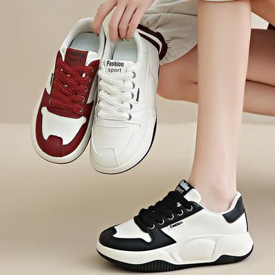 Lässige, klobige Plateau-Sneaker für Damen zum Hineinschlüpfen, leichte Laufschuhe, atmungsaktive PU-Leder-Walking-Sneaker, Schnür-Tennis-Sportschuhe für Damen