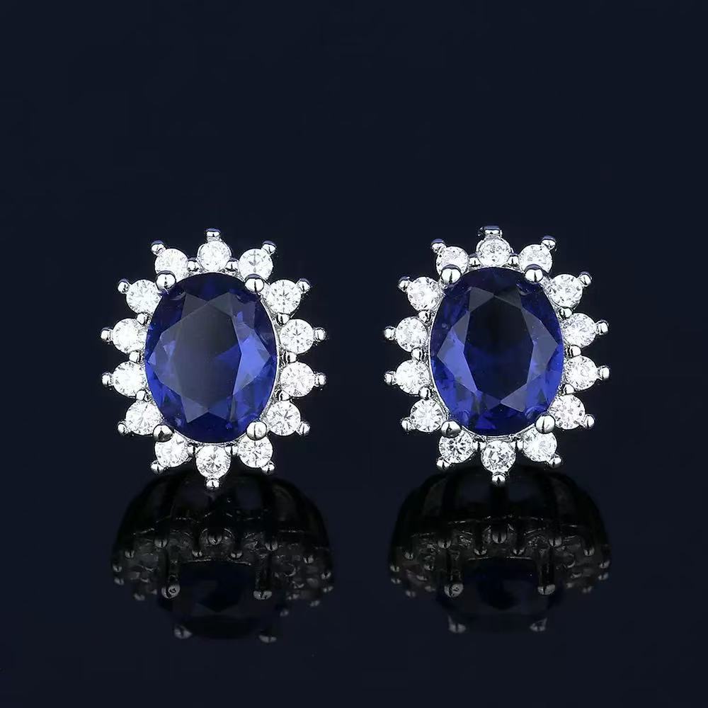 Royal Blue Zircon Stud Earrings for Women Oval Korean Style Elegant Fashion Jewelry New Trend Blue Zircon Ear Studs Gift