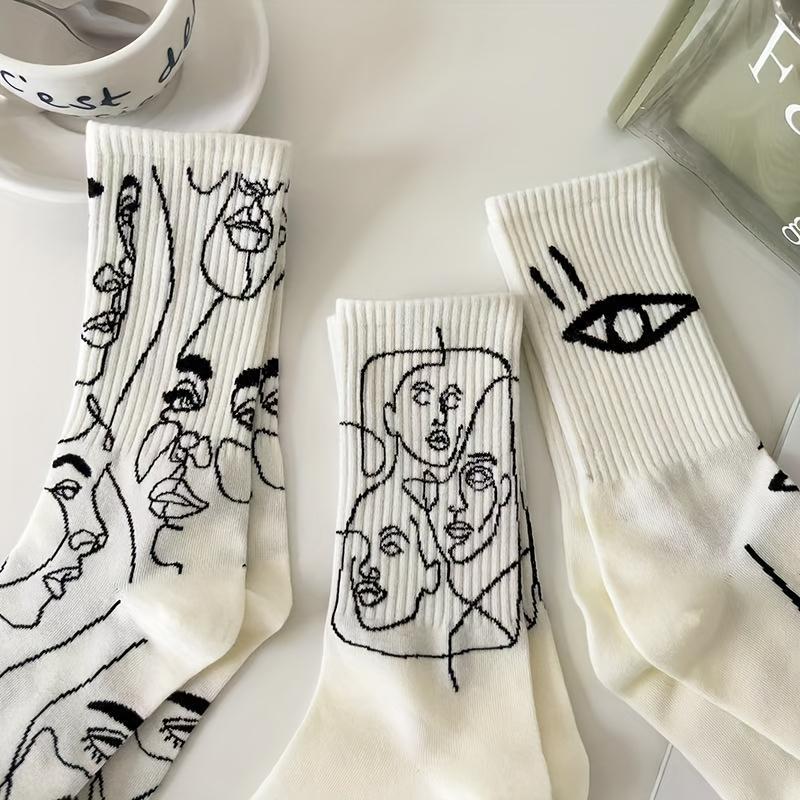 3 Pairs of Abstract Line Paintings, Personalized Creativity, Men's and Women's Mid Socks, Long Socks, and Stockings
