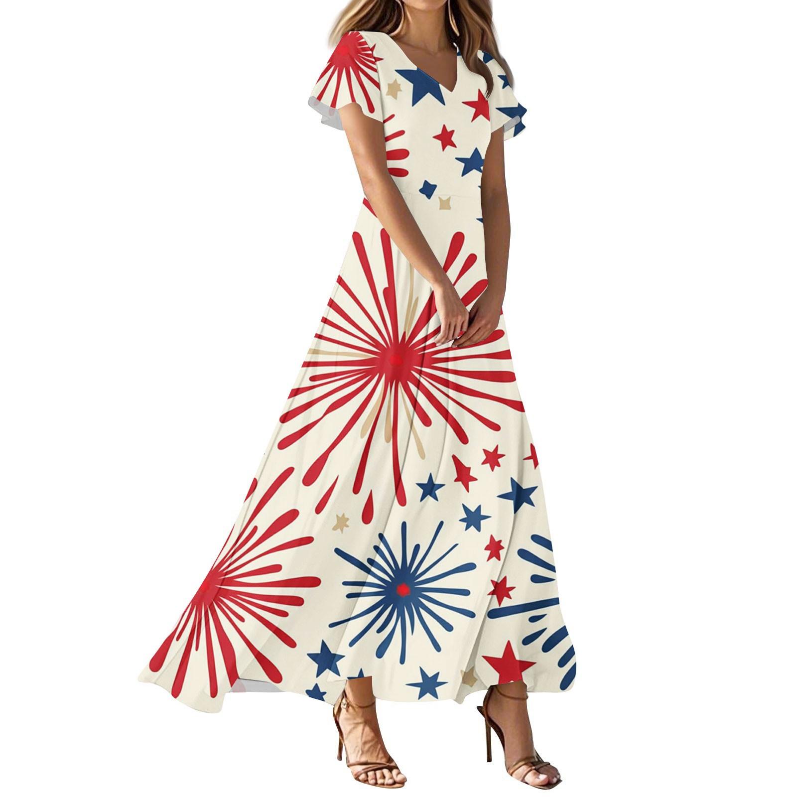 

Женские повседневные модные платья с принтом ко Дню независимости, платья с коротким рукавом и V-образным вырезом XL бежевый