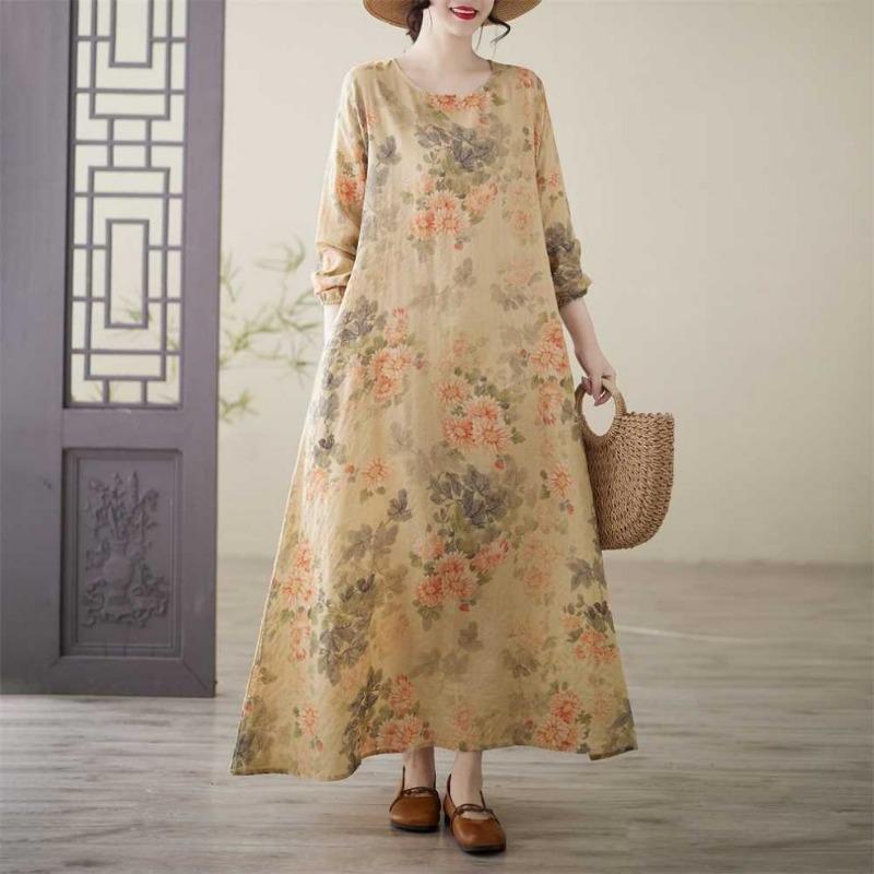 Printed Round Neck Loose Plus Size Long Sleeve Plus Size Vacation Dresses