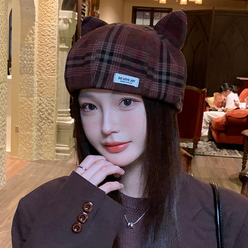 Sweet and Cute Cat Ear Beret Korean Casual and Versatile Windproof Octagonal Hat Autumn and Winter Fashion Warm Hat for Women