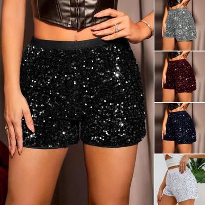 Women Shorts High Waist Sprkling Sequin Elastic Waist Slim Fit Straight Mini Shorts