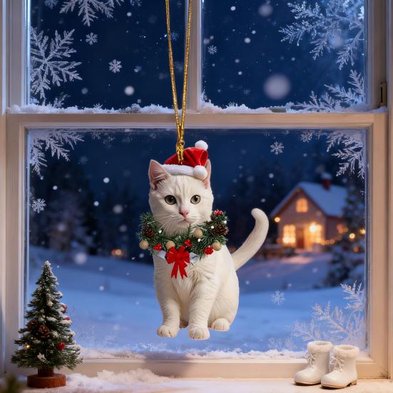 Christmas Pendant 2D Acrylic Cat Wearing Xmas Wreath Charm Car Hanging Ornament Home Office