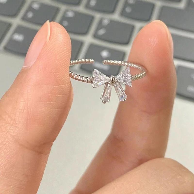 Korean Style Shiny Zircon Opening Adjustable Ring For Women Girls Romantic Bowknot Ring  Simple Finger Jewelry Gifts