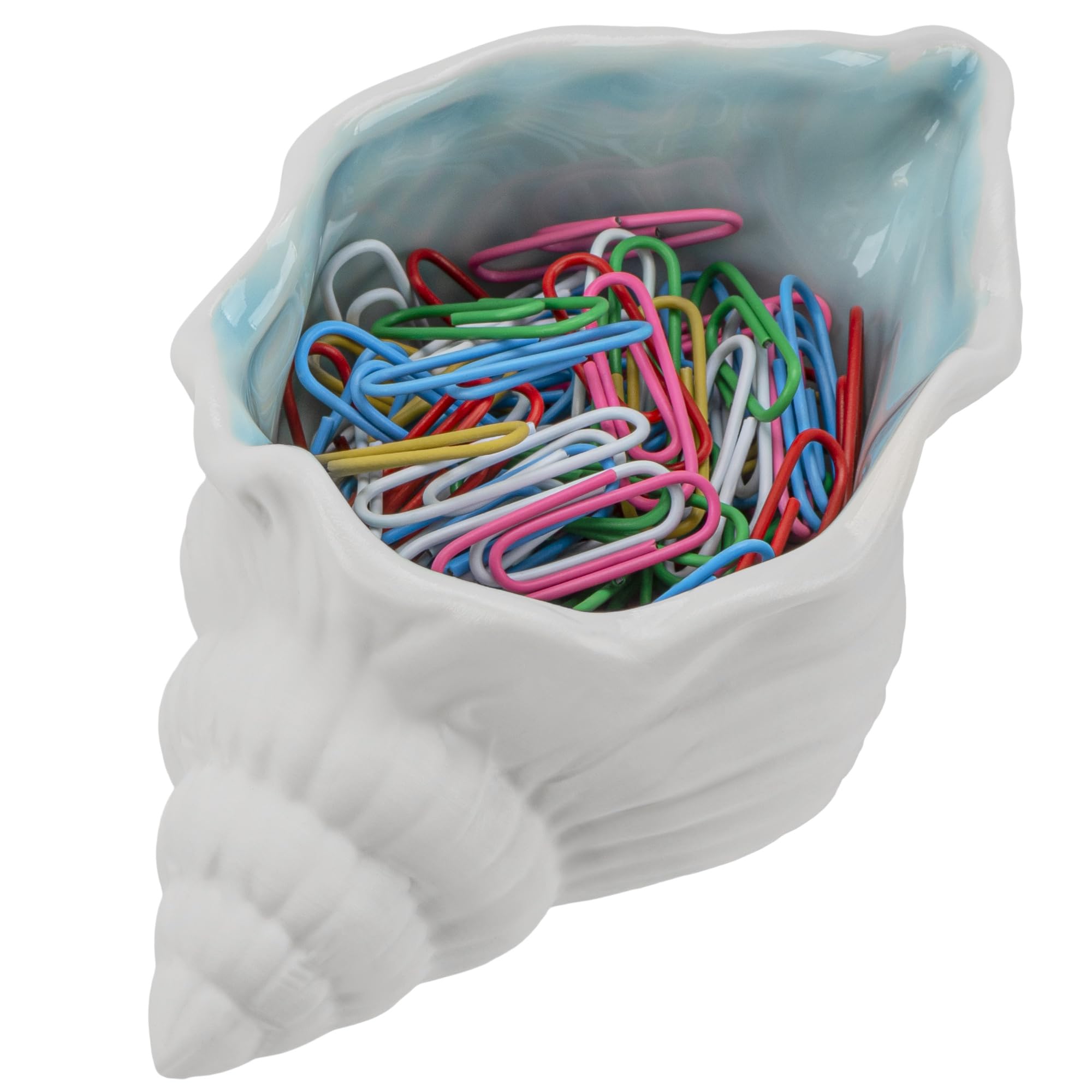 

SHIDOW Conch-Shaped Ceramic Paper Clip Holder, Elegant Desk Organizer, Compact Paper Clip Dispenser for Office, School, and Home Use (White and Blue)