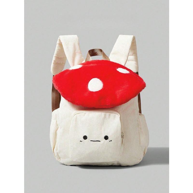 Cute and Fashionable Corduroy Backpack Mushroom Polka Dot Embroidered Backpack Design Color-blocking Design Suitable for Campus