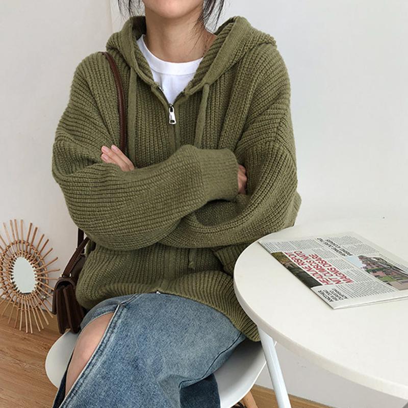 Dámský volný svetr s kapucí Cardigan Coat Jednobarevný pletený top