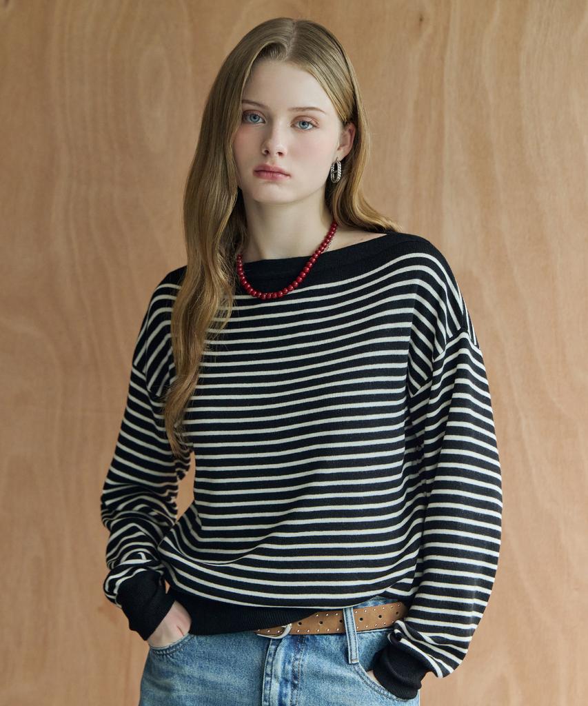 MAXZA Classic Striped Boat Neck Wool Blend Knit