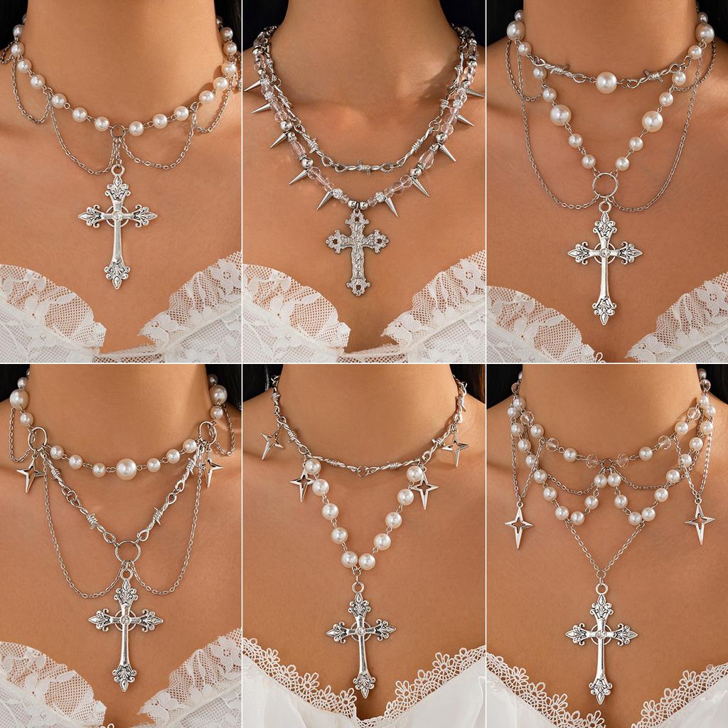 Cyberpunk Cross Pendant Necklace Female, Personalized Metal Rivet Imitation Pearl Clavicle Necklace