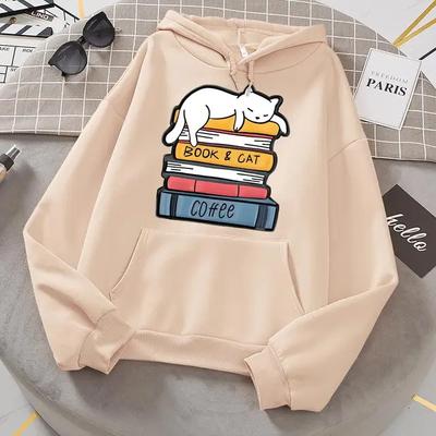 White Cat Sleeping On A Pile Of Books Hooded Women Street Crewneck Hoodies Autumn Oversize Sweatshirt Casual Warm Clothes