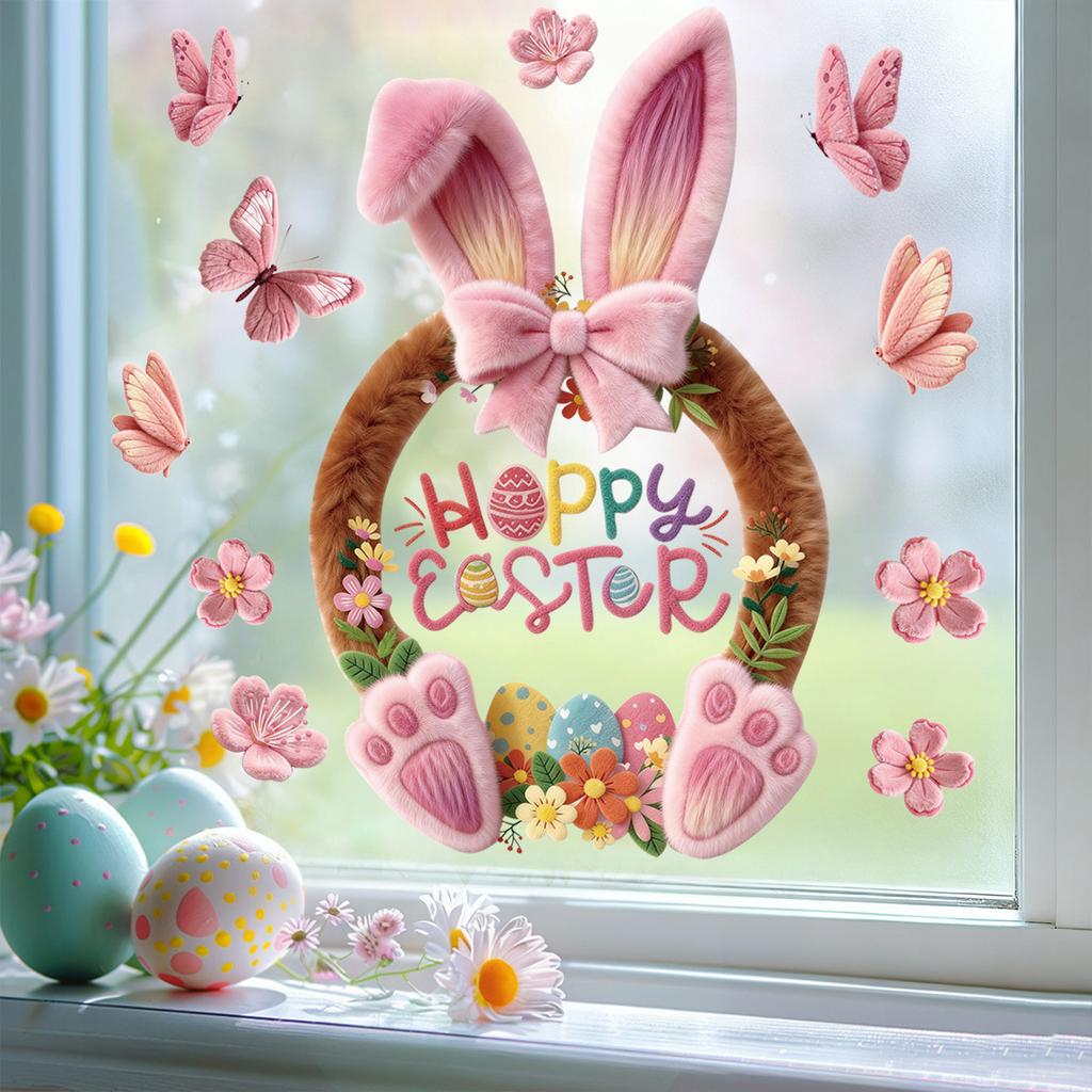 Easter Window Clings 2026 Pink Bunny with Flowers and Butterflies Static Clings for Glass Window Decoration Shop Window Decor