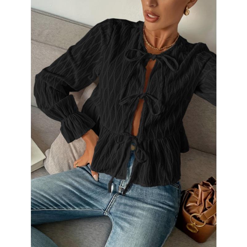 Women S Long Sleeve Lace Up Casual Solid Color Blouse