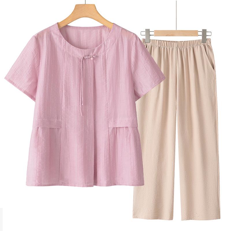 Tencel Kurzarm Oberteil im chinesischen Stil für Frauen mittleren Alters - 2025 Sommer Zweiteiler
