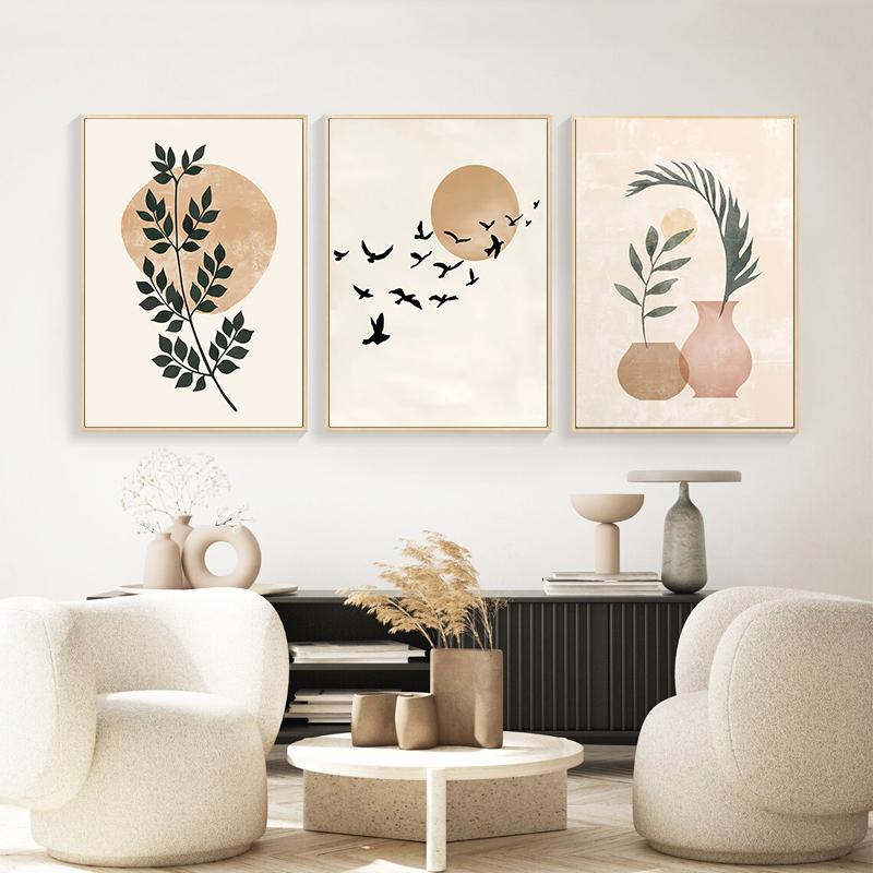Cartaz de folha de planta boêmia, impressão de pássaros do sol, arte de parede abstrata, pintura em tela, imagens de parede para sala de estar, decoração moderna para casa