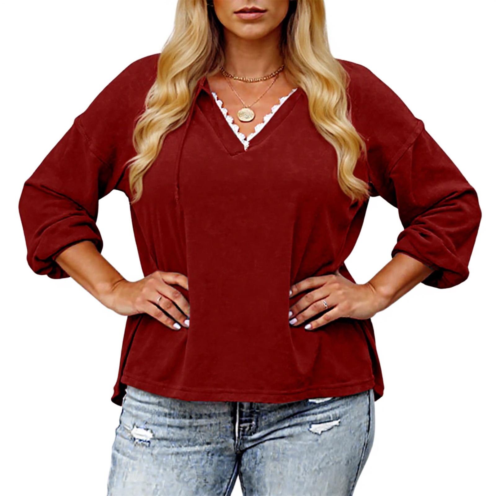 

Ladies Loose Comfortable Casual And Fashionable V-tie Hat With Lace Long Sleeved Solid Color Plus Size Hoodie XXXL винный