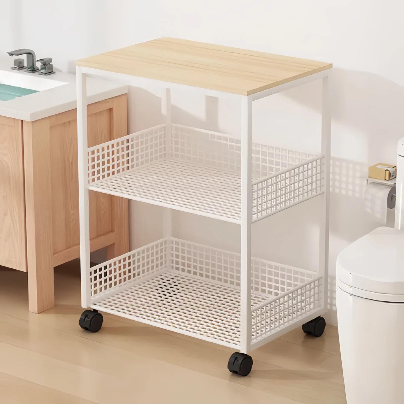2-Tier Rolling Utility Cart - Black Metal Storage Organizer Mesh Baskets Wheels Space-Saving for Kitchen Bathroom Office слоновая кость 19780₽