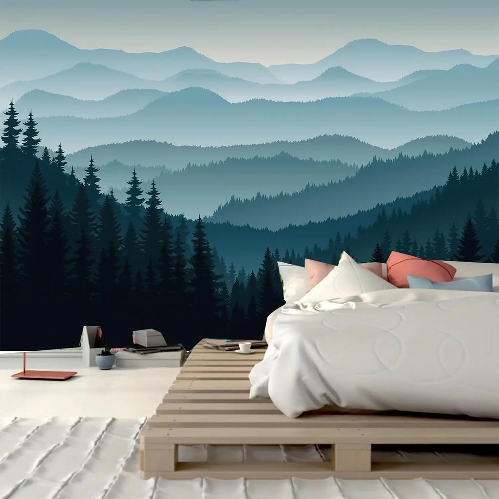 Nature Forest Mountain Tapestry Misty Pine Tree Tapestry Foggy Woodlands Landscape Tapestries Wall Hanging for Living Room Dorm