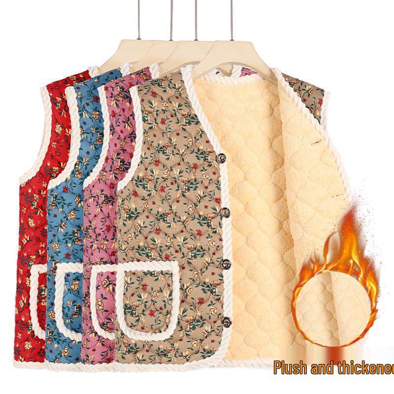 2025 Women's Autumn Winter Elderly Mother's Collarless Cardigan Vest - Versatile Shawl Jacket for Grandma