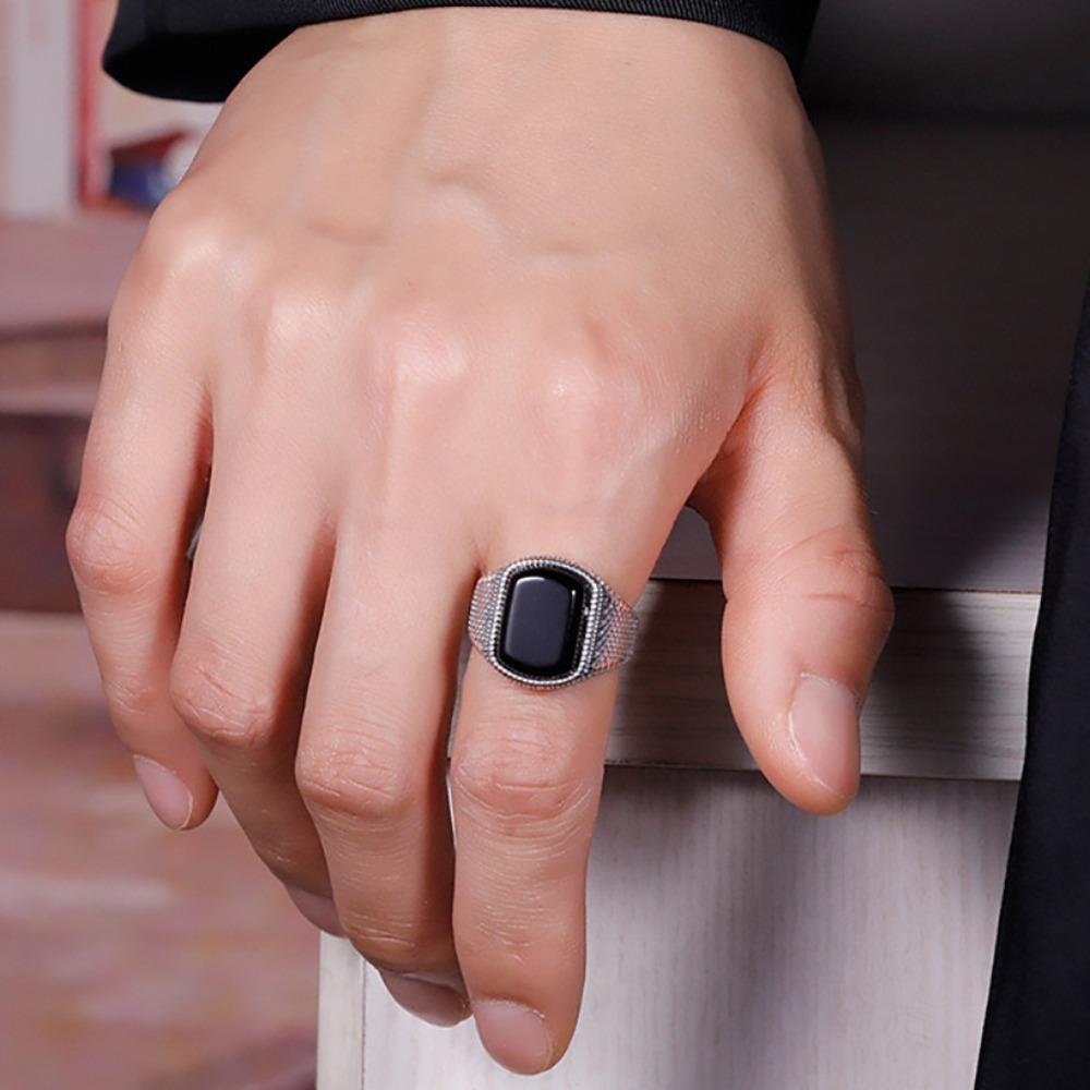 Retro Old Imitation Black Agate Ring Men's Trendy Classic Wide-sided Adjustable Personality Trendy Thai Silver Single Ring Men