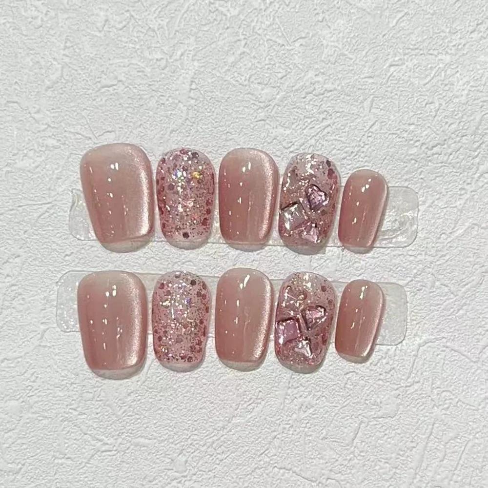 Summer Sweetheart Handmade Full Cover False Nails Kawaii Cartoon Cat Flower Cat Eye Short Square Reusable Fake Nail Stickers