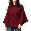 Women's Color Stand Collar Wool Cape Coat with Belted Waist and Long Sleeves