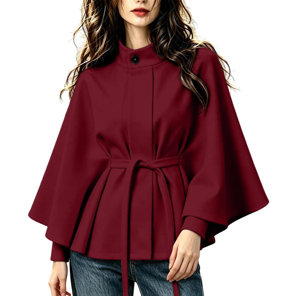 Women's Color Stand Collar Wool Cape Coat with Belted Waist and Long Sleeves