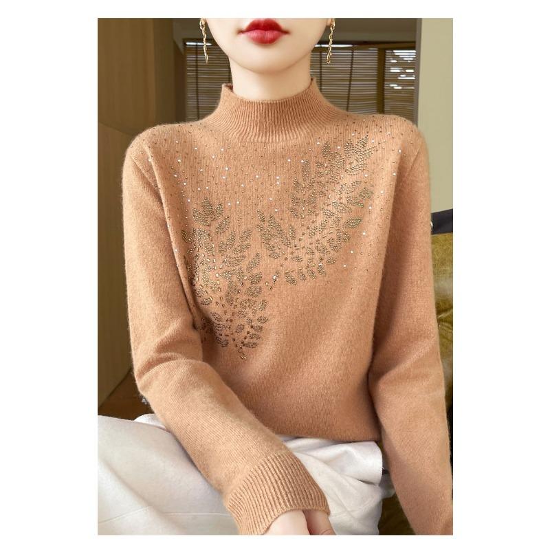 Heavy-duty Hot-drilled Half-turtleneck Women Bottoming Shirt Mid-collar Loose Coat Woolen Sweater