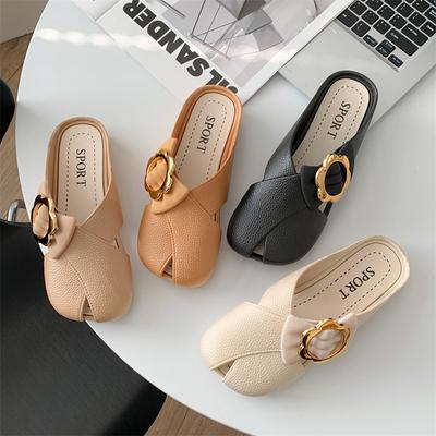 Mode Damen Pantoletten 2025 Sommer Elegant Eckig Geschlossene Zehen Flache Hausschuhe Damenschuhe Lässig Leder Schwarz Weiß Slipper Übergröße