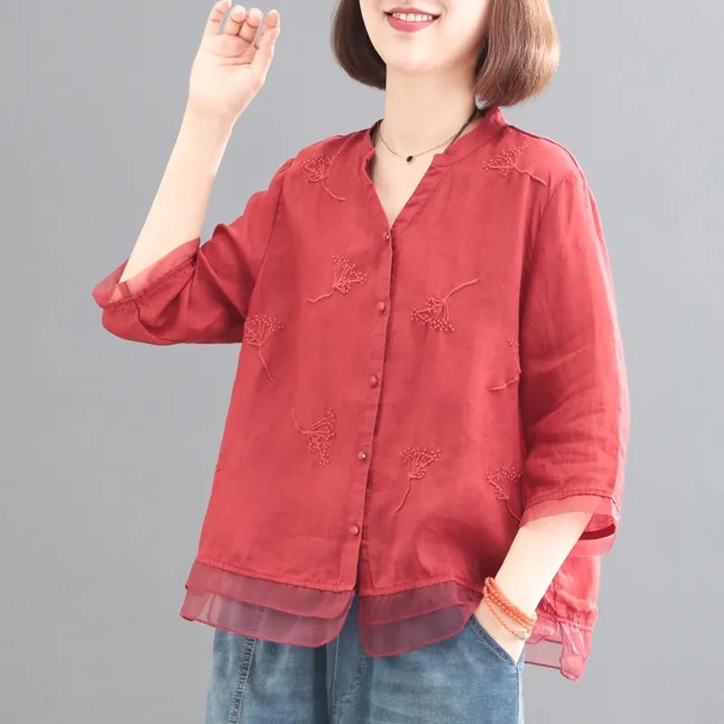 Retro bawełniana lniana koszula damska literackie hafty koszule Patchwork Hem Organza wąska bluzka Top