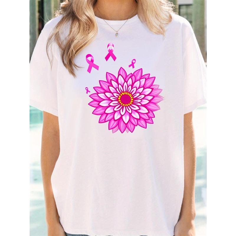 

Women s T-Shirt with Pink Ribbon & Dahlia Flower Symbol - Comfortable Stretch Fabric, Casual Loose Fit Short Sleeve Crew Neck Top for Charity Support 4XL білий