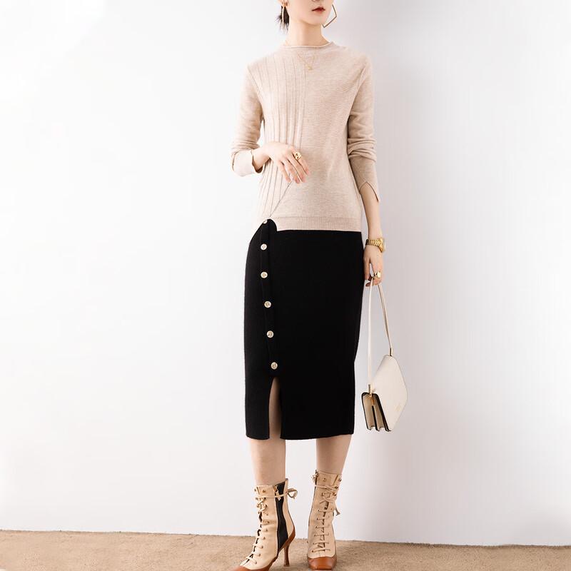 TUHUANG Women's Pure Wool Half-High Collar Ribbed Knit Sweater