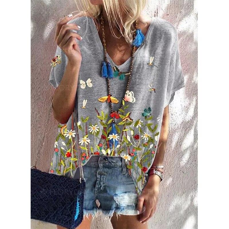 Fashion Spring  Flower Print Blouses Short Sleeved V-Neck T Shirts Casual