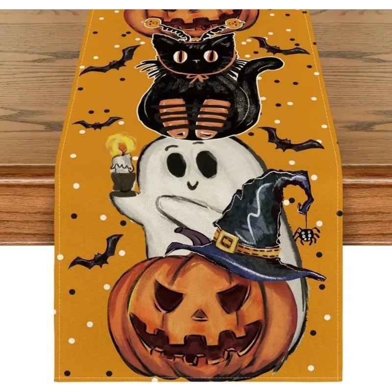 Halloween Polka Dot Ghost Pumpkin Cat Linen Table Runners Party Decor Reusable Dining Table Runners Kitchen Halloween Decoration