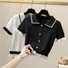 VAYLA Button Short Tops Tees Patchwork Y2k Shirt Clothing Women Pullovers Jumper Striped Sweater Fungus Blouse For Girls