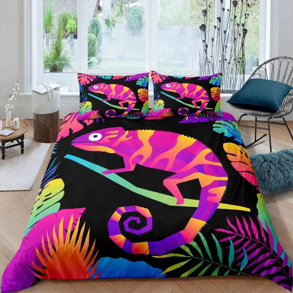 Chameleon Duvet Cover Set 3D Wild Animal Theme Twin Bedding Set Wildlife Comforter Cover Boys Green Leaf Polyester Quilt Cover