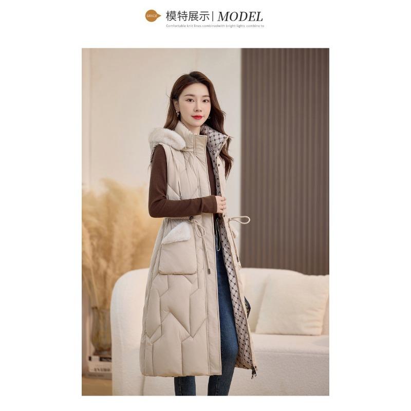 

Winter new models wear thin down cotton vest on both sides women s medium and long cotton vest over the knee versatile outer wear cotton vest back S белый