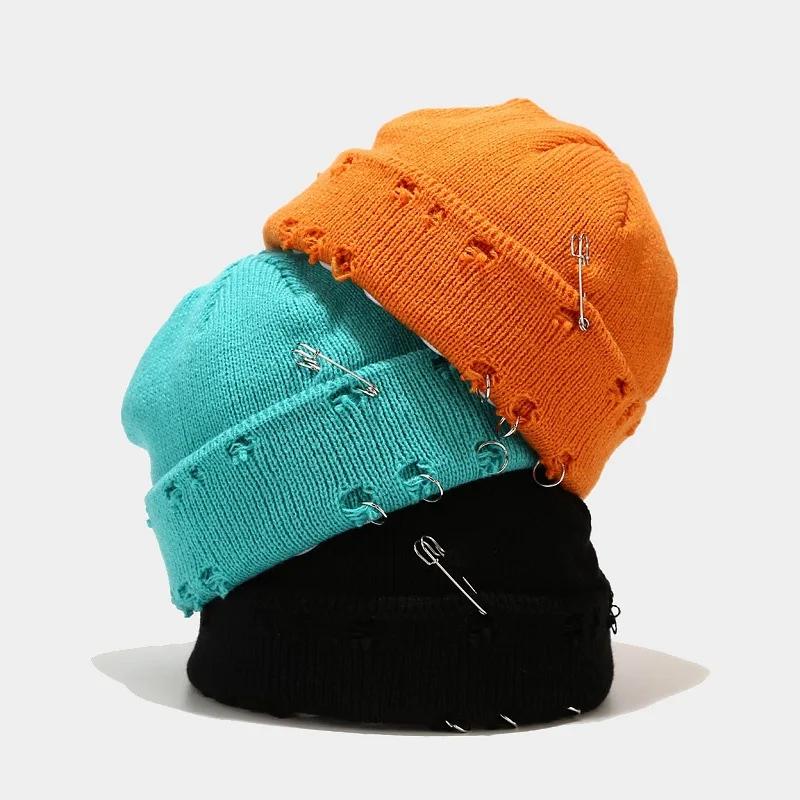 New Winter Harajuku Beanies Knitted Hat Women Fashion Warm Thick Men Hip Hop Pin Hole Skullcap Short Hat Unisex Basic Cap