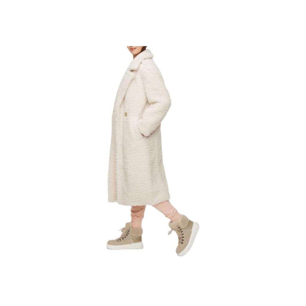 UGG Gertrude Long Teddy Coat Solid Color Lapel Double-Breasted Fitted Long Sleeve Mid-Length Coat Women Coats White 1120631-WHITE
