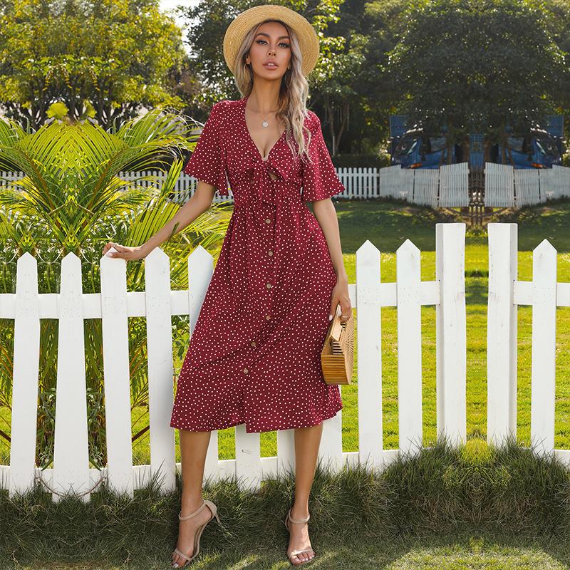 Polka Dot Print sommer kortermet V-hals uformelle kjoler