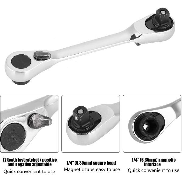Socket Ratchet, 1/4 Inch Mini Screwdriver Hex Wrench 72-Tooth Reversible Drive Ratchet Spanner for Factory Car Repair Maintenance Workshop(130mm)