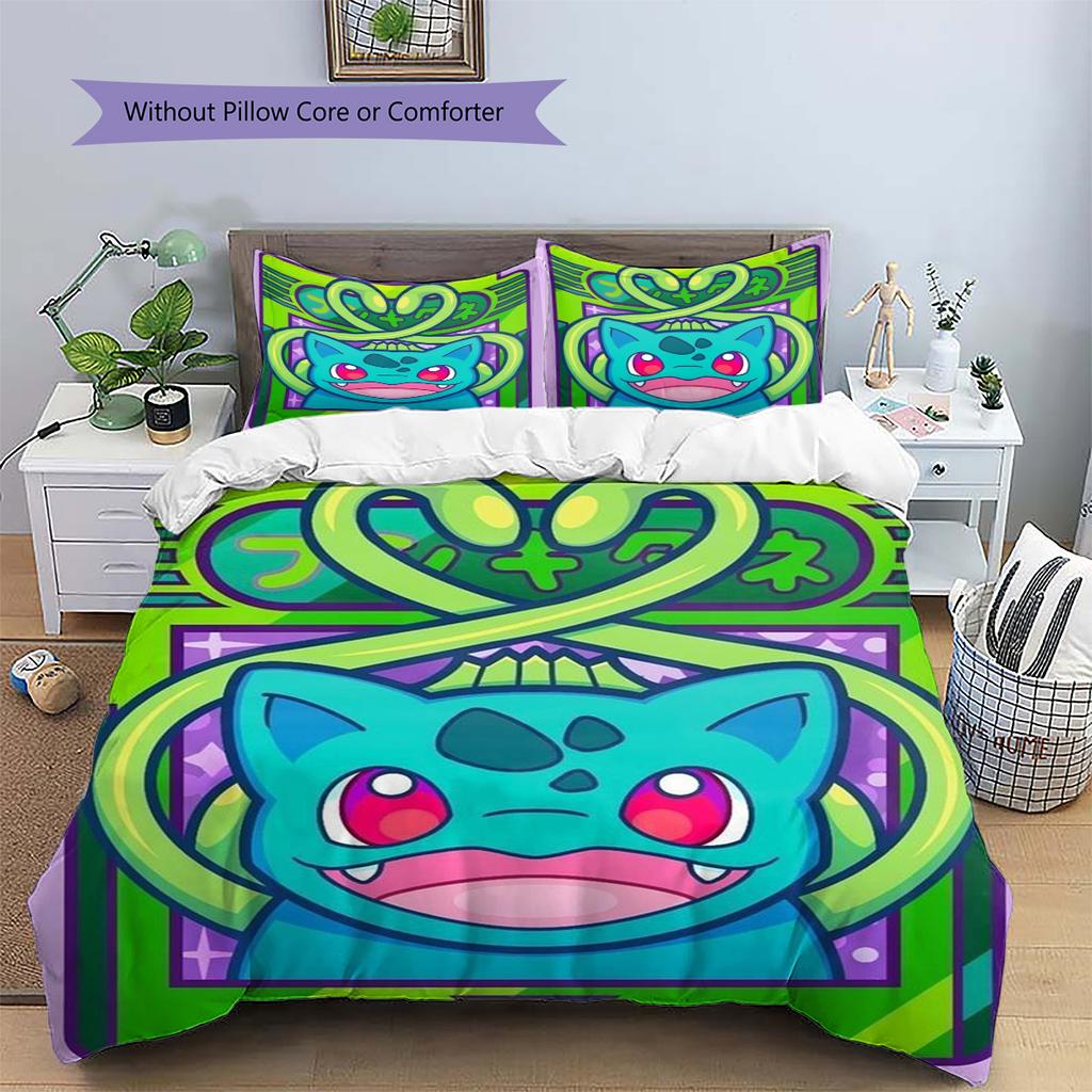 Bulbasaur Patterned Pillowcase & Duvet Cover Set Bedroom Interior Bedding Special Gift for Anime Lovers.-TING
