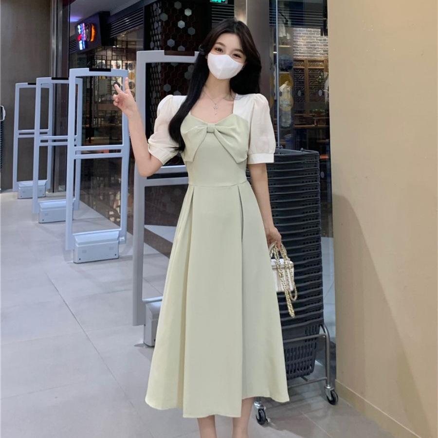 Plus Size Summer 2026 French Bow Patchwork Mid-Length Dress