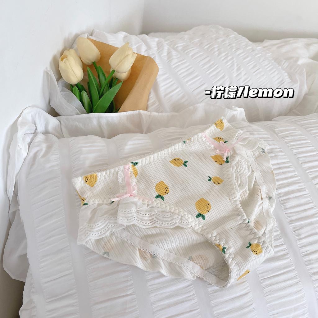 Women's Spring and Autumn Cartoon Fruit Print Lace Edge Low Rise Panties