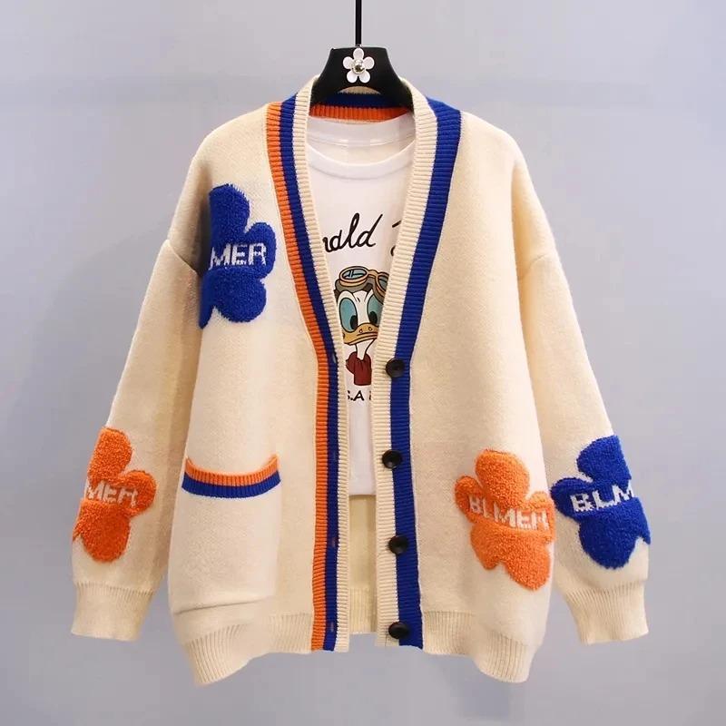 Blue Acrylic Knit V-Neck Letter Flower Casual Women's Cardigan Sweater Single Breasted Cardigan Women Clothing Thick Winter