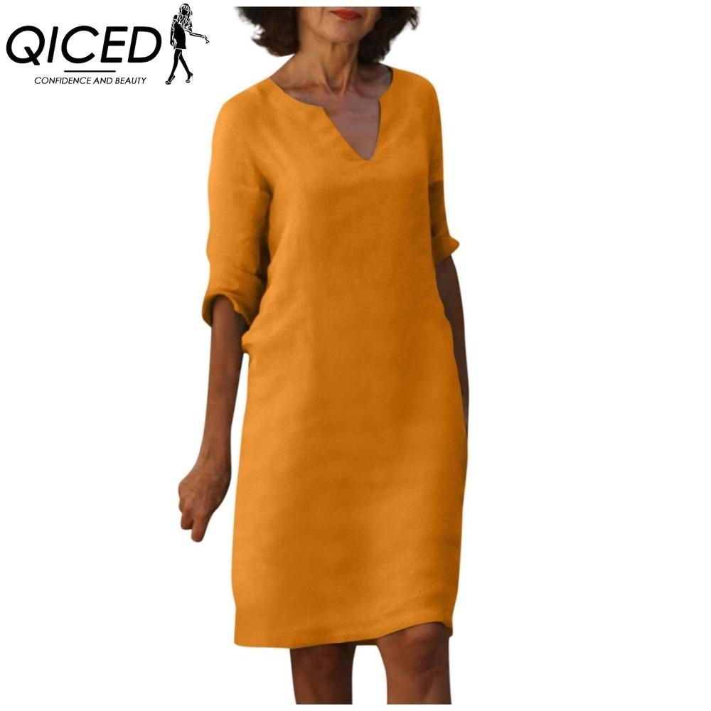 QICED Women Summer Solid Color Cotton Linen Retro V-Neck Short Sleeve Dress Lightweight Breathable Dress